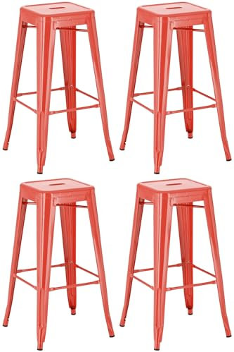 CLP 4er Set Barhocker Joshua I Stapelbare Tresenhocker aus Metall I Barstühle mit Fußstützen I Sitzhöhe 76 cm I Stapelhocker, Farbe:rot