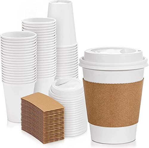 50 x 10oz Paper Coffee Cups with 50 White Lids and Free 50 Sleeves [284ml] Disposable Coffee cups for Hot and Cold Drinks| Takeaway coffee cups for Tea Party | Cardboard Compostable Biodegradable