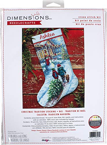 Dimensions 70-08995 Weihnachtstradition DIY personalisierbares Weihnachts-Kreuzstich-Set, 40,6 cm lang, 14-fädig, hellblauer Aida, verschiedene Farben