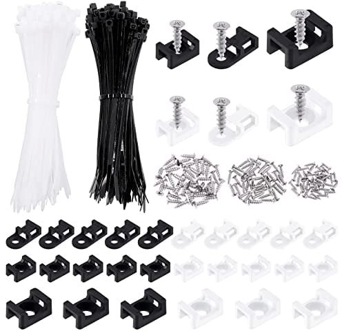Swpeet 480Pcs Black + White Self-Locking Cable Zip Tie (150x4mm) and 3mm 4mm 6mm Saddle Type Cable Tie Mounts Base with Deep Thread Flat Head Screws Kit, Wire Holder Wire Cable Clips Organizer