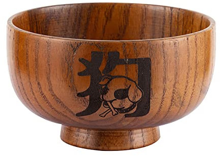 UPTALT 1 pcs Natural Jujuba Wooden Cereal Bowls (Year of The Dog, 10 oz), 12 Animal Zodiac Rice Bowl Set, Handmade Chinese Bowls, Oatmeal Wooden Bowl, Children's Meal Bowl, Japanese Wood Utensils