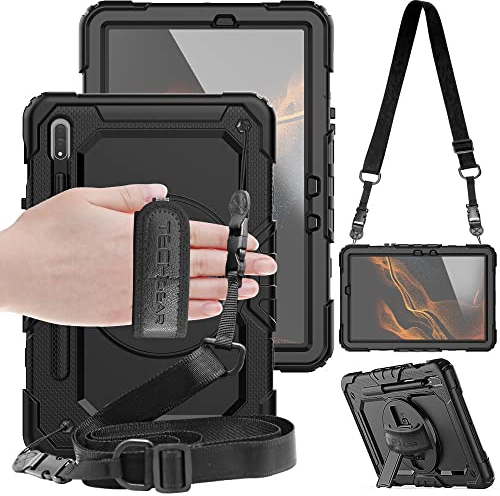 TECHGEAR UTILITY Case for Samsung Galaxy Tab S8 11 (SM-X700 / SM-X706) - Tough Rugged Heavy Duty Armour Shockproof Impact Case with 360 Rotating Stand, Hand Strap and Shoulder Strap - Black