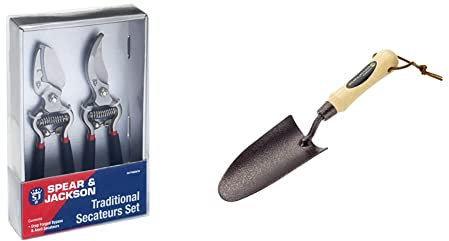 Spear and Jackson CUTTINGSET8 Traditional Bypass and Anvil Secateurs Set (Twin Pack), Blue, 15.5 cm*24.0 cm*4.5 cm and Elements Hand Trowel