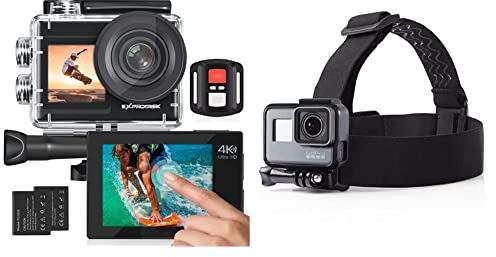 Exprotrek 4K-Action-Kamera mit Touchscreen, EIS Einstellbarer Blickwinkel, 40 m wasserdichte Unterwasserkamera, ferngesteuerte Sportkamera & Amazon Basics Kopfgurt für GoPro Actionkamera