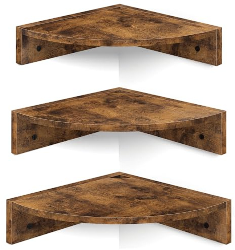 Homode Corner Shelf Wall Mount, Set of 3 Floating Corner Shelves with Cord Hole, 3 Tier Wood Wall Display Shelf, Storage for Bathroom Living Room Kitchen Bedroom, Rustic Brown and Black
