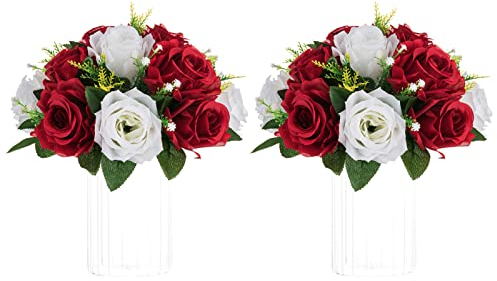 Nuptio Bouquet de boules de fleurs : 2 pièces maîtresses fleurs artificielles compositions roses 24 cm diamètre pourpre & blanc roses fausses centres de table pour mariage, décorations de table, fêtes