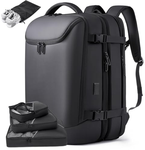 TANGCORLE 50L Carry on Travel Backpack, Expandable Airline Approved Backpacks with 3 Packing Cubes Fit 17.3 inch Laptop Suitcase backpack for Men Women(Black)