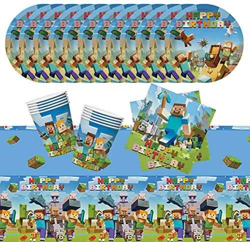 Spiel Party Geschirr, 41 Stück Papier Geschirr Geburtstag, Kindergeburtstag Tischdeko Partyset mit Pappteller Servietten Pappbecher Tischdecke, Videospiele Partygeschirr für Jungen Mädchen Partydeko