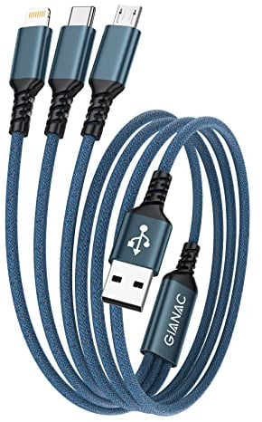 GIANAC Multi Charger Cable, [1.2M] 3 in 1 Charging Cable USB Cable Phone Charger Cable with Micro + USB C +Lightning Connector for iPhone, Android Galaxy, Huawei, Nexus, Nokia,LG, Sony, PS4