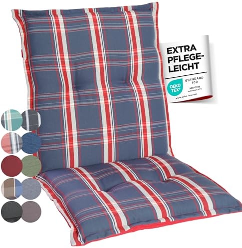 gardisun Gartenstuhlauflagen Niedriglehner I Extra Dicke Sitzauflagen I Made in Europe I Stuhlauflagen für Niederlehner Gartenstuhl I Auflagen mit extra hohem Komfort I 5er Set I Blau-Rot-Kariert