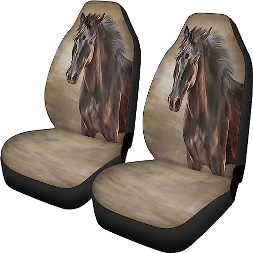 Poceacles Autositzbezüge-Set mit braunem Pferdemuster, für Damen und Herren, 2-teilig, Auto-Vordersitzschutz, universelles Auto-Innenzubehör, Autositzkissen-Pads