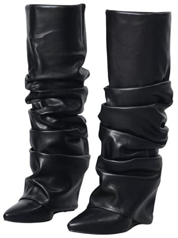 Yishaweiqi Slouched Ruched Fold Over Boots for Women Covered Wedge Heel Knee High Boots Wide Calf Pointed Toe Casual Boots