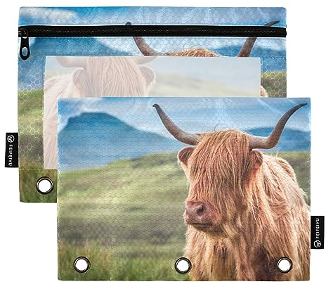 Binder Pencil Pouch 3 Ring Zipper Clear Window Pen Case Big Capacity Cosmetic Bag Storage Container for Storing Office Supplies 2 Pack Furry Highland Cow Isle Skye Scotland