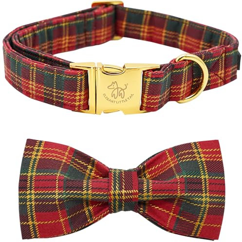 Elegant Little Tail Hundehalsband, Rot Kariert, Urlaub Haustier, Hund Schleife, Unisex, Large, Baumwolle, Stabiler D-Ring, Doppelter Boxstich, Für Große Hunde
