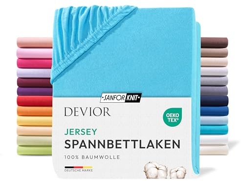 Devior Jersey Spannbettlaken 120x200cm - 130x200cm, 100% Baumwolle, Matratzenhöhe bis 22cm, Türkis – 135 g/m² Anti-Statisches, atmungsaktives Bettlaken mit Einlaufschutz, Matratzenbezug Blau