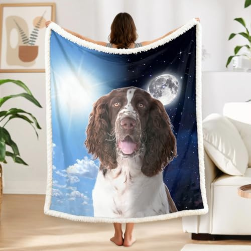 BlessLiving Fuzzy Dog Blanket For Kids Adults Sun and Moon Print Fleece Blanket Reversible Animal Pattern Sherpa Throw Queen (Springer Spaniel,228x228cm)