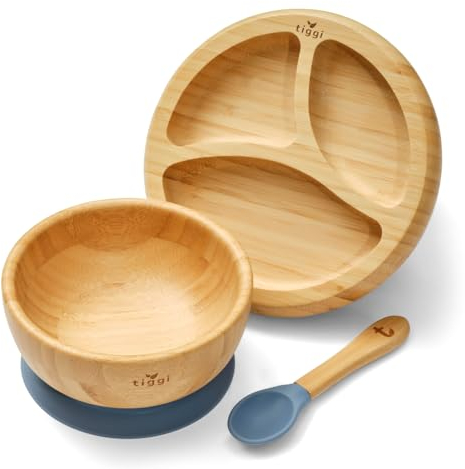 Bamboo Weaning Set by Tiggi, Complete with Baby Plate Suction Bowl and Spoon, Essential for 6 Months toToddler for Feeding (Dusky Blue)