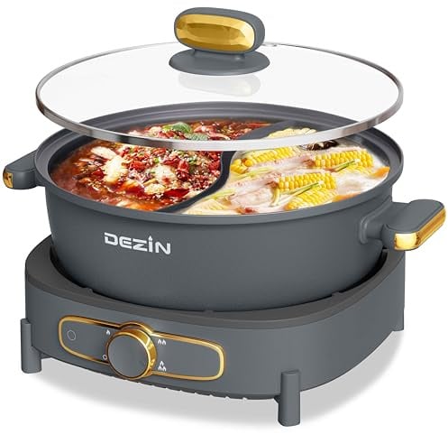 Dezin Hot Pot Electric with Divider, 5L Double-Flavor Shabu Shabu Pot, Dual Sided Removable Non-Stick Hotpot Pot Electric, 3 Depth Chinese Hot Pot with Multi-Power Control, 2 Silicone Ladles Included