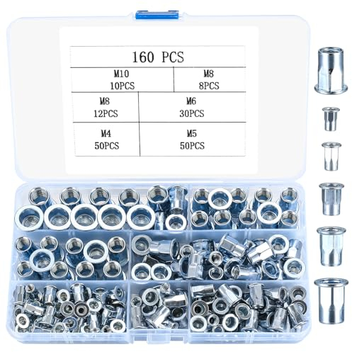 160 Pcs Ecrou a Sertir, Écrou à Rivet, à Sertir, Écrou de Fileté, Écrous à Riveter Aveugle, Rivet Inserts Filetés Tête Plate Ecrou Insert pour Bois Métal Plastique - M4 M5 M6 M8 M10
