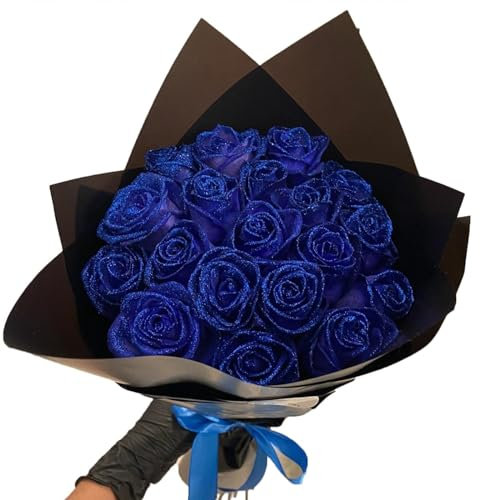 RePaLy, Bouquet di rose glitterate artificiali, bouquet fai da te, bouquet di rose finte lucide, regalo d'amore, con glitter rosa, bouquet fai da te, regalo per San Valentino (colore blu, 30 pezzi)