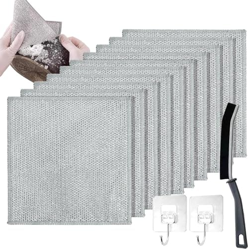 10 Paños Bicapa Cocina Reutilizables - Acero Inoxidable + Fibra Vegetal (30x30cm) - Limpieza Profunda sin Rayar para Platos, Ollas, Encimeras - Trapos Multiusos con Ganchos Incluidos