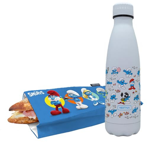 NERTHUS Set Avventuroso dei Puffi: Bottiglia in Acciaio Inossidabile a Doppia Parete da 500 ml e Sacchetto per Panini - Ideale per i tuoi Viaggi e Avventure.