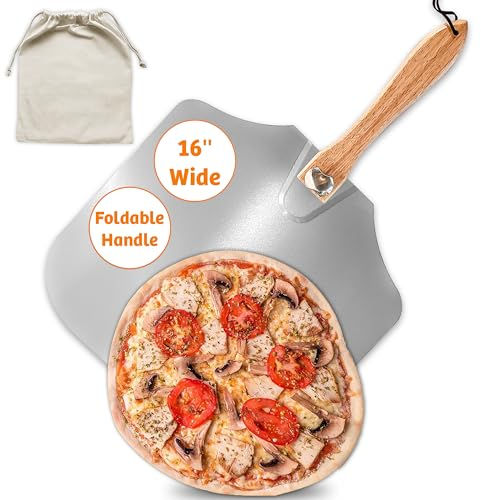 Colenza Pala de pizza de 16 pulgadas, 16 pulgadas de ancho x 18 pulgadas de largo, pala de pizza de metal extragrande de 16 pulgadas, pala de pizza grande con mango de madera plegable y bolsa de