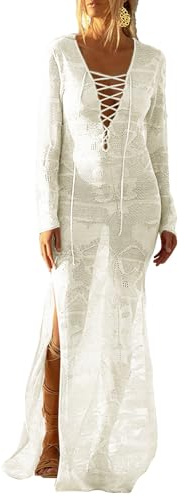 NLAND Vestido de Playa Mujer Traje de Baño Bikini Cover Up Caftan Largo Verano Con Encaje de Crochet Sexy Beachwear de Noche