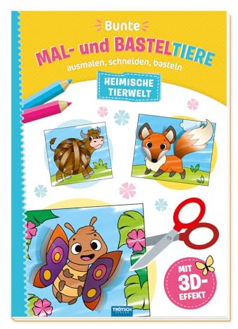 TRÖTSCH - Bunte Mal- und Basteltiere Heimische Tierwelt | Ausmalbuch mit heimischen Tieren zum Basteln: Bastelbuch zum Ausschneiden mit Pop-up- und 3D-Effekten | Ab 5 Jahren