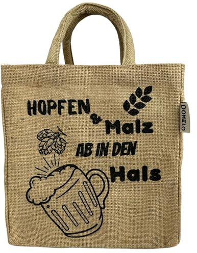 Domelo Jute Flaschentasche. Geschenke für Männer. Bierträger/Flaschenträger mit Trennwänden für 6 Flaschen. kleine Einkaufskorb. Lustige witzige Bier Männerhandtasche (natur/Hopfen & Malz)