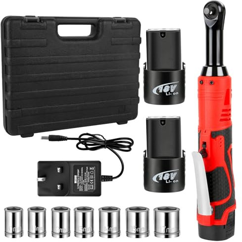 Shulltji 3/8'' Cordless Ratchet Wrench, 18V Electric Ratchet 40Ft-lbs with 7 Sockets Set, 2 * 2.0Ah Batteries & Charger, 0-450RPM Adjustable Speed Battery Ratchet, Electric Wrench with LED Light