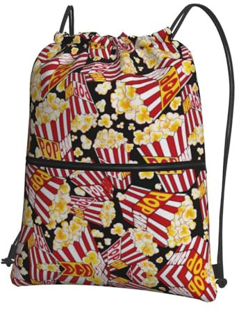 EdWal Rucksack mit Popcorn-Druck, Kordelzug, Turnbeutel, Sporttasche mit Reißverschlusstasche für Reisen, Strand, Schwarz , One size