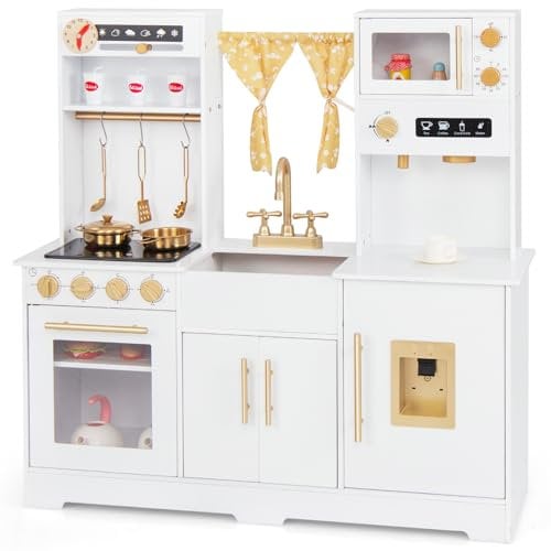 COSTWAY Kids Wooden Kitchen, Pretend Play Kitchen with Sounds & Lights, Coffee Maker, Sink, Water Dispenser, Realistic Oven, Children Chef Role Playset for Boys Girls (White)