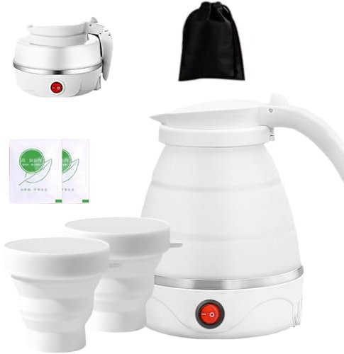 Youery Bollitore Pieghevole da 600 ml in Silicone - Mini Bollitore da Viaggio con 2 Bicchieri Pieghevoli per Campeggio, Viaggi