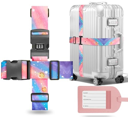 Metamorisy,Koffergurt kreuzgurt mit Kofferanhänger,kofferband auffällig,koffergurt mit zahlenschloss,Verstellbare koffergürtel,Luggage Strap (rosa)
