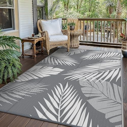 GENlMO Outdoor Teppich 240x300cm Wetterfest, Waschbarer Camping Teppich Wendbar UV-bestandig Carpet, Kunststoff-Picknickdecke für Balkon, Garten, Wohnmobil, Deck, Hinterhof, Grau & Weiß