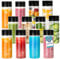 HEFTMAN Botellas de jugo de plástico con tapas, paquete de 12 botellas sensoriales vacías de 250 ml con tapas negras de rosca, botella de plástico transparente PET apta para alimentos para agua, café