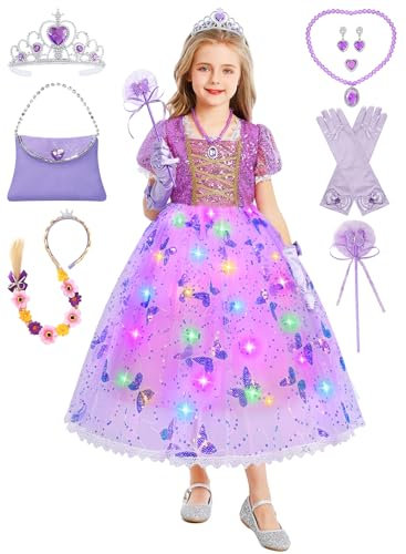 Rapunzel Kostüm Mädchen, Prinzessin Rapunzel Kostüm Kinder, Lila Puffärmel Kleid Faschingskostüm Festliches Kleid für Karneval Fastnacht Geburtstag mit Perücke Handtasche Krone Zauberstab G084L