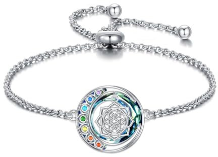 enjoylifecreative Chakra Blume des Lebens Armband für Damen 925er Sterling Silber 7 Chakren Kristall Armkette Spirituell Schmuck Geschenke für Frauen und Mädchen