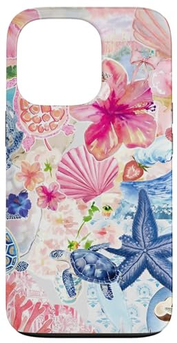 European Summer Preppy Collage Hibiskus und Schildkröte Hülle für iPhone 13 Pro