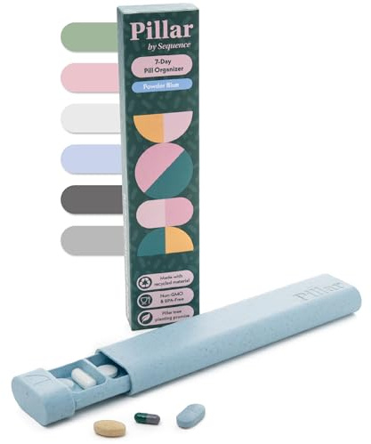 Pillar 7 Day Pill Organiser | BPA-Free Wheat Straw Medicine Organiser | Weekly Tablet Container | Aesthetic Medication Organizer Pill Box | Cute Travel Vitamin Case (Powder Blue)