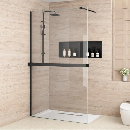Bathlink Duschwand für Dusche mit Ablage, Schwarz, 120 x 200 cm | 8 mm ESG-Sicherheitsglas, Integrierte Ablage mit Handtuchhalter, Stabilisierungsstange, Nano-Beschichtung