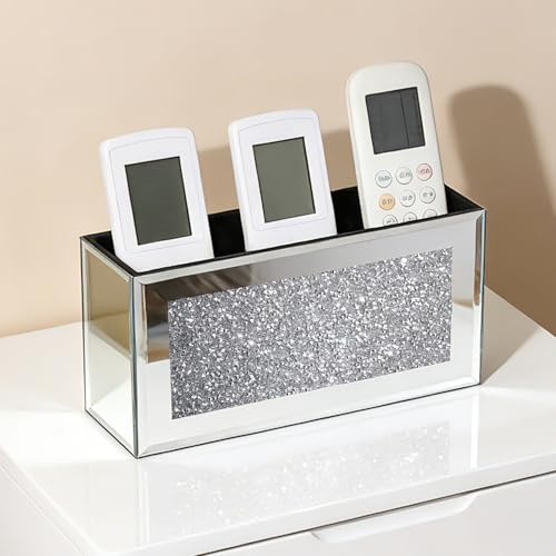 Poayewly Mirrored Remote Control Holder - Remote Holder Wall Mount with Sparkling Crush Diamond for Living Room & Bedroom, Phone TV Remote Organizer Storage Décor, Silver