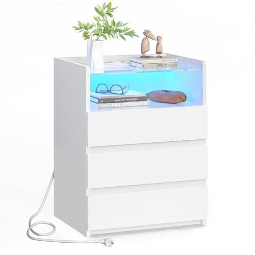 AOGLLATI Nachttisch mit LED-Beleuchtung und Ladestation | Nachtschrank mit Sichtbarer Glastischplatte,3 Schubladen und 1 Fach,Beistelltisch Modern Sofatisch Couchtisch(1, Weiß)