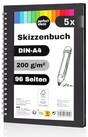 perfect ideaz - 5er Set Skizzenbuch DIN-A4, Spiralbindung, FSC® zertifiziert, 96 Seite (48 Blatt), Hardcover Schwarz, Sketchbook, 200 g/m² dickes Papier, säurefrei (5 Bücher)