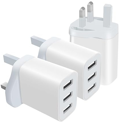 3 Pack UK Plug USB Wall Charger with 3 Ports, Multi Device Fast Charging Adapter for Home Office Travel, Safe Power Plug for iPhone Android Tablet Earbuds