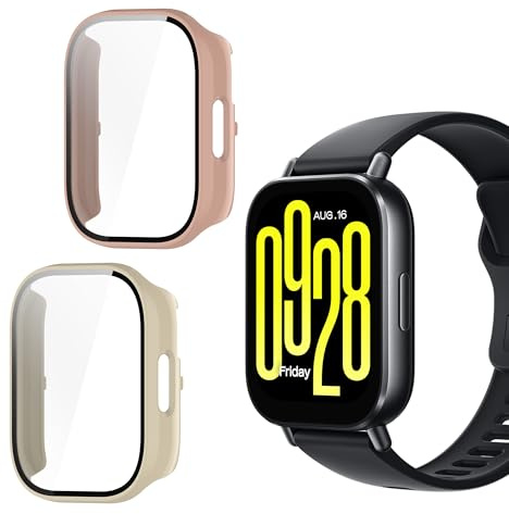 NEWZEROL 2 Stück Schutzhüllen Kompatibel für Xiaomi Redmi Watch 5 Active | PC-Schutzrahmen + Displayschutzfolie aus Gehärtetem Glas für Xiaomi Redmi Watch5 Active – Weiß/Rosa