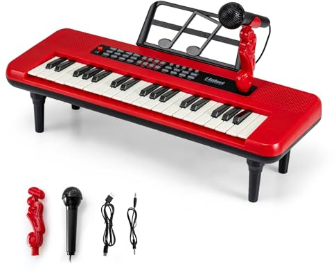 FANTASK Tastiera per bambini a 37 tasti, pianoforte elettronico per bambini con microfono, leggio, gambe rimovibili, pianoforte portatile per bambini dai 3 anni in su, (rosso)