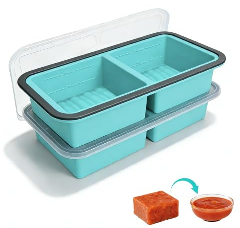 Lot de 2 Plateaux de Congélation en Silicone, Bac à glaçons avec Couvercle, moules à soupe, 500ml par Compartiment - Empilables, pour Soupe, Sauce et Préparation de Repas, Sauce 2 Cavités