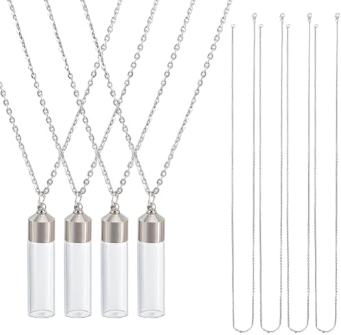 CRAFTYMELODY 4Pcs Vial Necklace Platinum Bottle Pendant Necklace Small Clear Bottle Necklaces with Screw Cap Mini Vials Ashes Holder Necklaces for Ashes Hair Perfume Liquid Memorial Pendant Locket